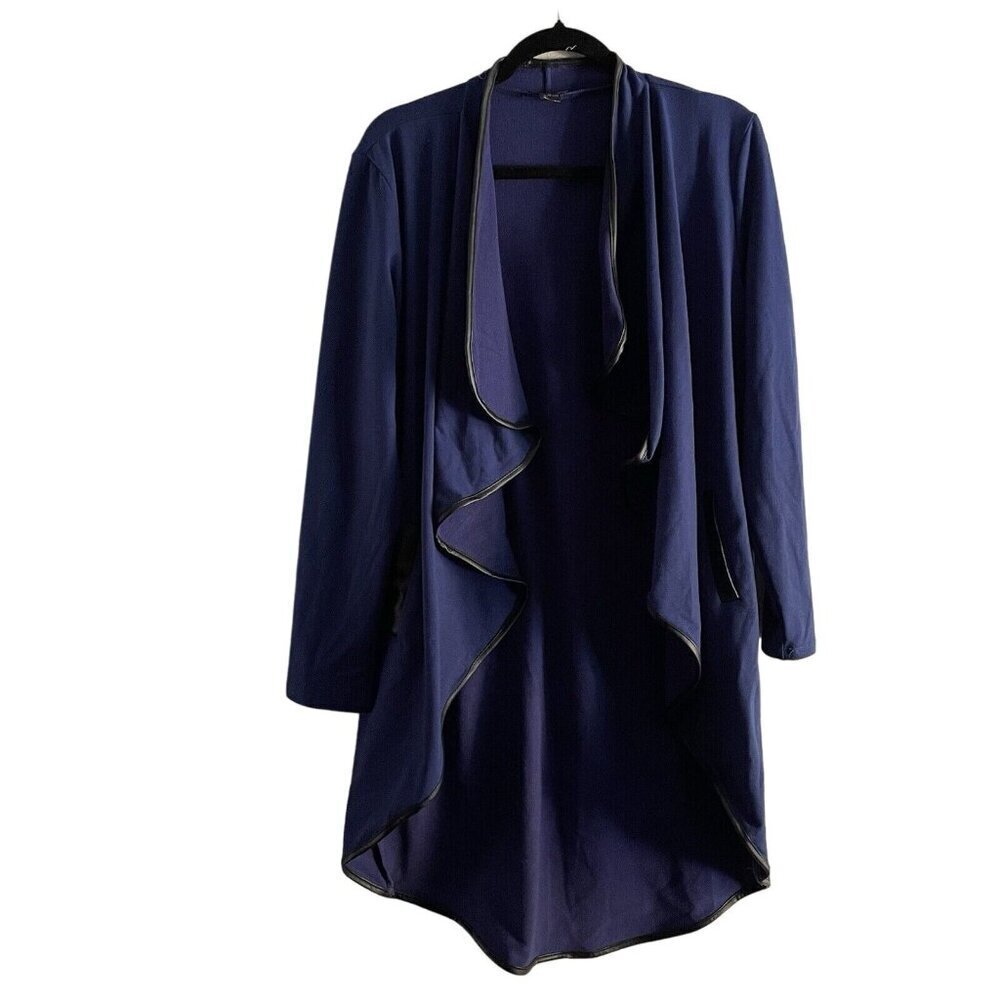 IMAN Women M Blue W/Black Faux Leather Trim Open Front Shawl L/Sleeve Cardigan